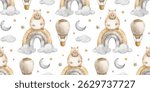 Seamless pattern of Capybara on rainbow among cloud, hot air balloon, crescent moon and star. Dreamy character rodent animal. Watercolor print of guinea pig for wallpaper, kids room, fabric, bed linen