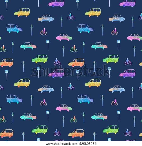 Seamless\
pattern with car, bike and traffic light.City picture.Watercolor\
hand drawn illustration.Dark blue\
background