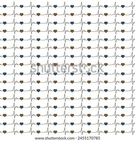 Seamless pattern with cardiograms of yellow and blue hearts on a white background