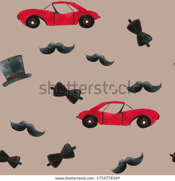 Seamless
pattern with cars, with a hat and mustache,
male