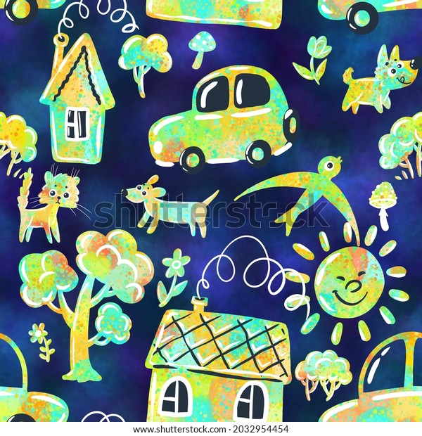 seamless pattern with cars, houses, dog, cat,
swallow, flower, mushroom, sun and tree
