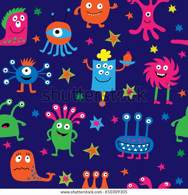 Seamless Pattern Cartoon Aliens On Blue Stock Illustration 650309305 ...