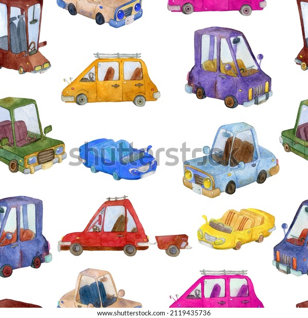 Seamless\
pattern with cartoon cars. Comic transportation set. Colourful\
transport wallpaper. Watercolor\
illustration