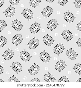 Seamless Pattern Of Cartoon Cat Faces And Paw Prints. Cat Print In Grey. Bitmap Stock Image