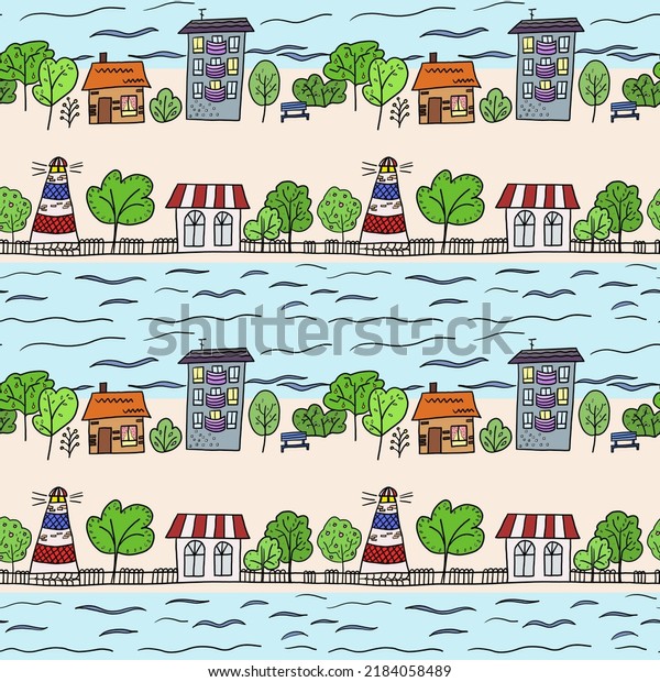 seamless\
pattern. Cartoon city. The landscape of a small town. Houses,\
street, river, lighthouse, shop, trees,\
sky.