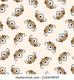 Seamless pattern of cartoon dog heads with a bone in their mouth. Puppy print. Bitmap stock image