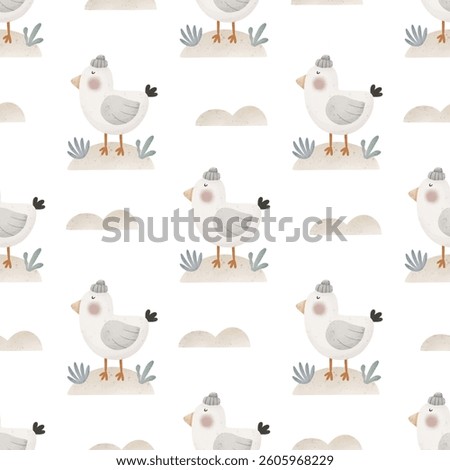 seamless pattern with cartoon gull, decor elements. colorful illustration, flat style. design for fabric, textile, print, wrapper.	
