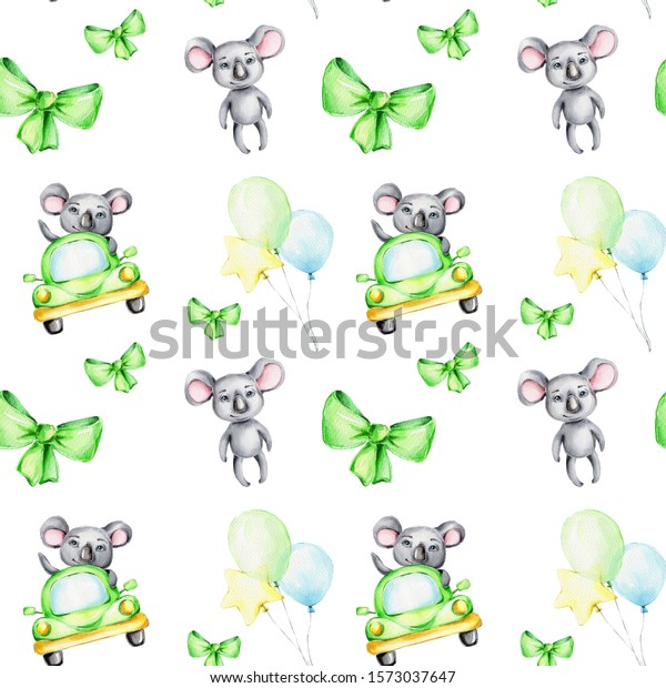 Seamless pattern with cartoon koala, green\
car, balloons and bow; watercolor hand draw illustration; with\
white isolated\
background
