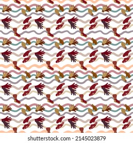 Seamless Pattern With Cartoon Mittens, Mittens, Gloves On A Background Of Multi-colored Wavy Yarn Threads