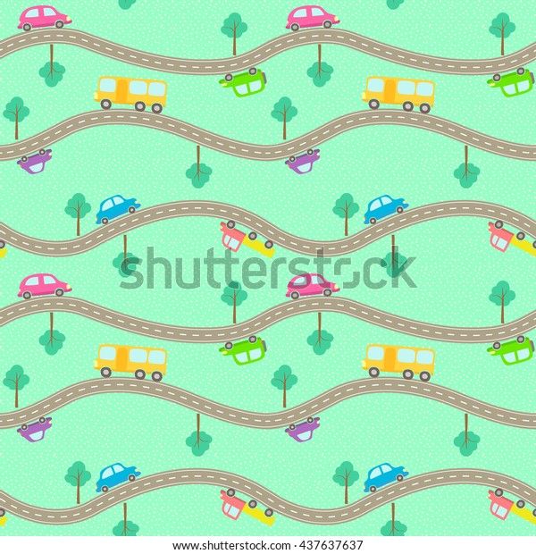 Seamless\
pattern with cartoon styled roads and cars. Wallpaper, wrapping or\
scrapbooking paper pattern with cars and\
roads.