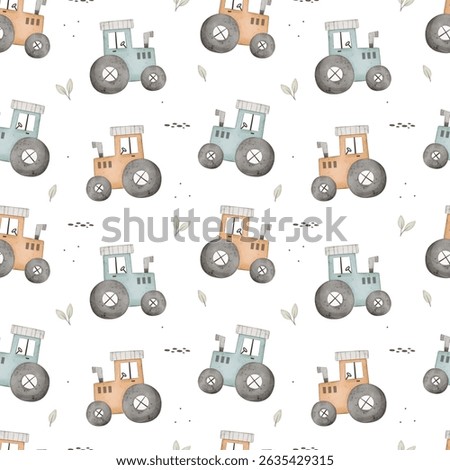 Seamless pattern with cartoon tractor, decor elements. flat style for kids. hand drawing. baby design for fabric, print, wrapper, textile