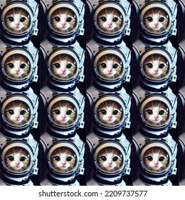 Seamless Pattern Of Cat Wearing Astronaut Helmet Pattern, Cute Cartoon Cat Inside Astronauts Suit, Cat Face Inside Astronauts Helmet