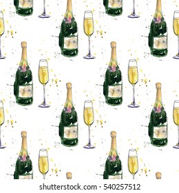 Seamless Pattern With Champagne Bottle And Glass, Drawing By Watercolor And Ink, Artistic Background With Alcohol Drink, Hand Drawn Illustration, New Year Or Christmas Backdrop