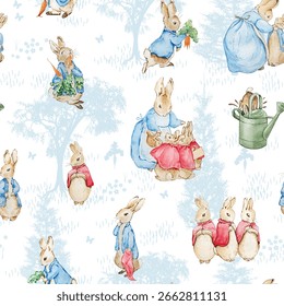 Seamless pattern with characters Beatrix Potter, Peter Rabbit and friends, fairy tale background for printing and design.