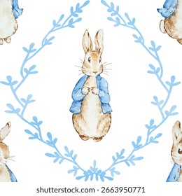 Seamless pattern with characters Beatrix Potter, Peter Rabbit and friends, fairy tale background for printing and design.