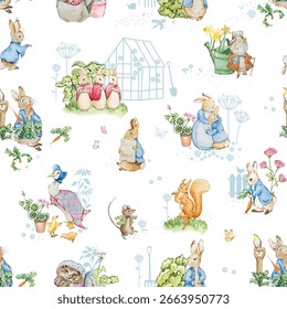 Seamless pattern with characters Beatrix Potter, Peter Rabbit and friends, fairy tale background for printing and design.