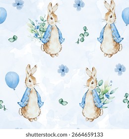 Seamless pattern with characters Beatrix Potter, Peter Rabbit and friends, fairy tale background for printing and design.