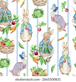 Seamless pattern with characters Beatrix Potter, Peter Rabbit and friends, fairy tale background for printing and design.
