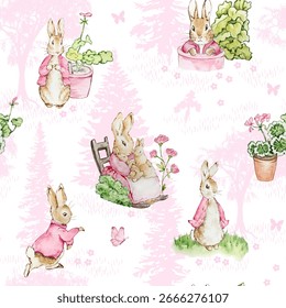 Seamless pattern with characters Beatrix Potter, Peter Rabbit and friends, fairy tale background for printing and design.