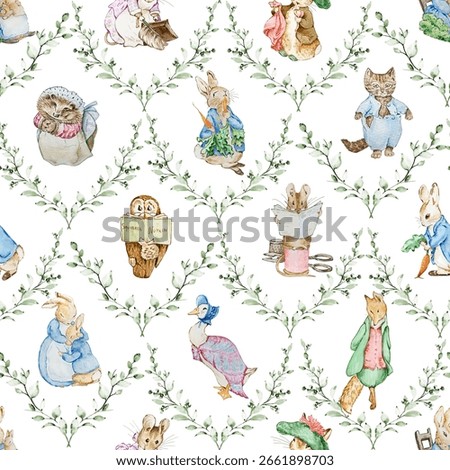 Seamless pattern with characters Beatrix Potter, Peter Rabbit and friends, fairy tale background for printing and design.