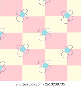 Seamless pattern with checkerboard-style checkered design in pastel pink and yellow. Each square is decorated with a flower symbol icon