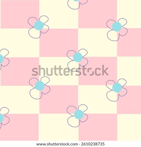 Seamless pattern with checkerboard-style checkered design in pastel pink and yellow. Each square is decorated with a flower symbol icon