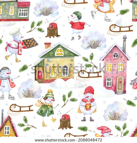 Seamless pattern with cheerful snowmen playing in village outdoor on white background. Watercolor hand painted illustration. Winter design.