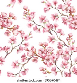 Seamless Pattern Cherry Blossoms Watercolor Illustration Stock ...