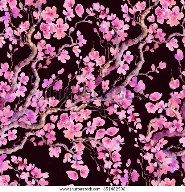 Seamless Pattern Cherry Blossomwatercolor Paintingprinting