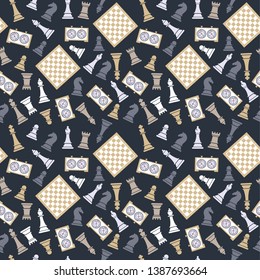 Seamless pattern with chess on dark bluu