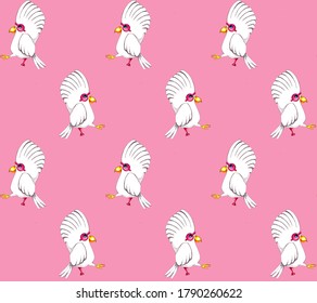 Seamless Pattern With Childish Illustration For Girls. Pirate White Parrot With An Eye Patch And A Prosthesis.