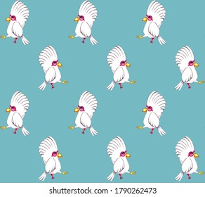 Seamless Pattern With Childrens Illustration For Boys. Pirate White Parrot With An Eye Patch And A Prosthesis.