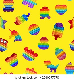 Seamless pattern of children's toys. Pop it. Simple dimple. Ornament from rainbow sim dipl. Multi-colored toys on a bright yellow background. Cheerful childrens pattern. For printing on fabric 300 dpi