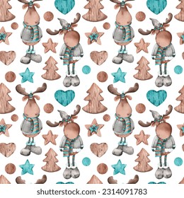 Seamless pattern with Christmas cartoon mooses. Hand painted watercolor illustration on white background.