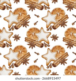 Seamless pattern with Christmas cookies, cinnamon sticks, dried orange slices, star anise and cloves. on white background. Perfect for fabric, wrapping paper, napkins, and festive decor.