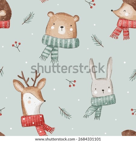 Seamless pattern. Christmas design with animals on mint backgriund. Can be used for wallpaper, textil, surface textures, gifts. Creative Hand Drawn textures for winter holidays on milk background.