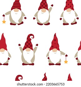 Seamless Pattern Christmas Gnome With Red Hat On White Background