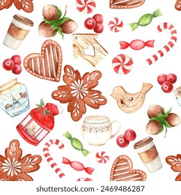 Seamless pattern, Christmas and New Year 2025 on a white background. Gingerbread and tea, candies and toys, nuts, glass jar, lantern, mug and glass, the pattern is drawn by hand, suitable for textiles