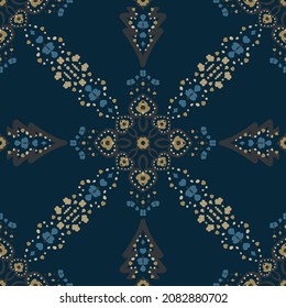 Seamless pattern. Christmas theme with christmas trees, hearts and butterflies. Colors blue, grey and golden yellow