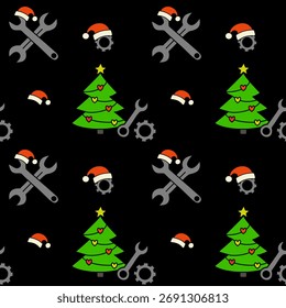 Seamless pattern with Christmas trees, wrenches and Santa hats. Festive auto service and mechanic themed background for winter design.