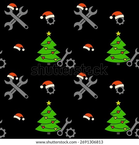 Seamless pattern with Christmas trees, wrenches and Santa hats. Festive auto service and mechanic themed background for winter design.