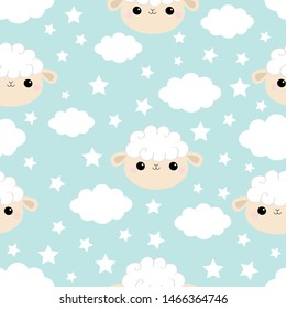 Seamless Pattern. Cloud star in the sky. Sheep face head icon. Cute cartoon kawaii funny smiling baby character. Wrapping paper, textile print. Nursery decoration. Blue background. Flat design.