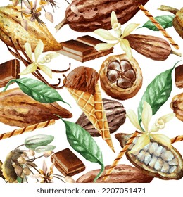 Seamless Pattern Of Cocoa Beans, Chocolate Ice Cream In Waffle Cone, Vanilla Flowers And Pods, Pieces Of Chocolate And Wafer Rolls On White Background. Hand Drawn Watercolor Illustration.