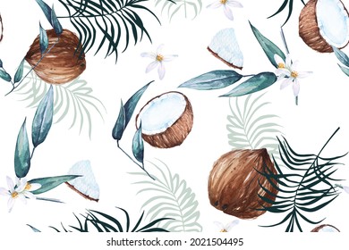 Seamless pattern of coconut, palm leaves and tropical plant painted in watercolor.For fabric and wallpaper designs from the forest.Natural Vantage Pattern Background.