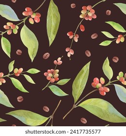 Seamless pattern with coffee beans, berries, and leaves, watercolor  hand-drawn background - Powered by Shutterstock