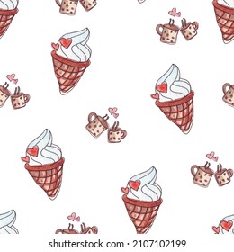 Seamless pattern with coffee drinks and ice cream on white background. Hand-drawn by watercolor.