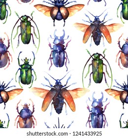 Seamless pattern with colored watercolor beetles isolated on a white background. Cockchafer, stag beetle, elephant beetle. Bugs, insects, entomology.