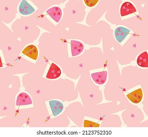 Seamless pattern with colorful drinks and hearts on pink background. Valentine's day or bachelorette party illustration. Valentine cocktails illustration for wallpaper and textile. Romantic love party - Powered by Shutterstock