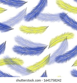 Seamless pattern and colorful feathers white background  Blue   yellow feathers  Print  packaging  wallpaper  textile  fabric design