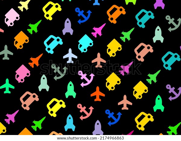 Seamless pattern of colorful means of transportation\
symbols. For design greeting cards, invitations, baby shower album\
wrapping paper, backgrounds, art and scrapbooks. Black background\
